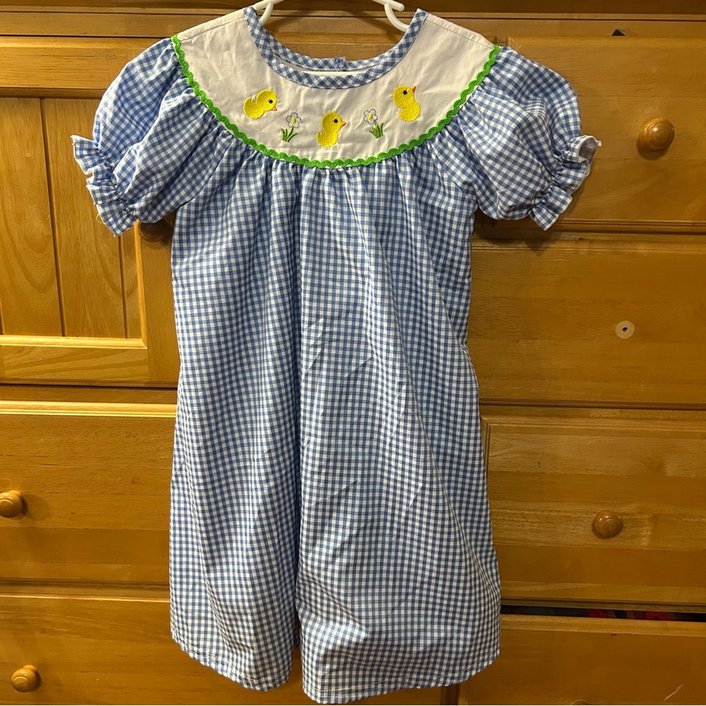 Blue and White Gingham Dress with Duck Embroidery Perfect for Easter/Spring 3T